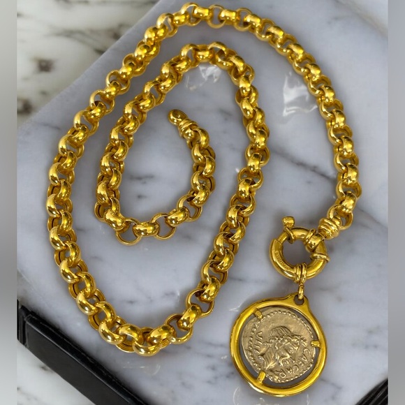 ***SOLD***Vintage 14k Yellow Gold 6mm Rolo Link Roman Coin Pendant Necklace! - Picture 12 of 16